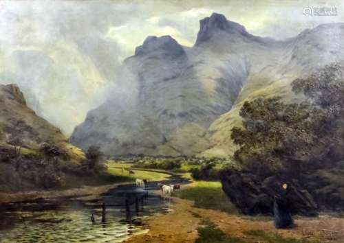 Frederick Bates (19th Century English school) - Oil painting - Langdale Pikes with cattle watering