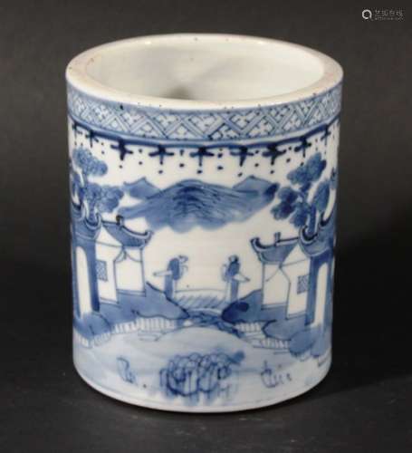 CHINESE KANGXI STYLE BLUE AND WHITE BRUSH POT, Bitong, of cylindrical form painted with a continuous