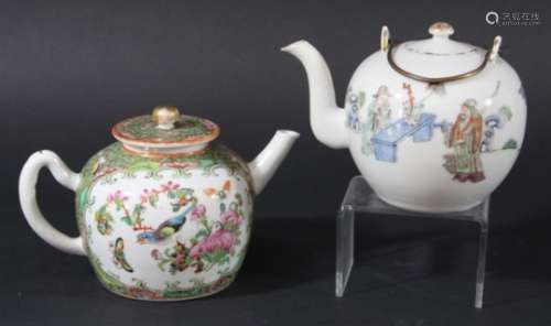 CHINESE FAMILLE VERTE TEAPOT AND COVER, of ovoid form painted with a scholar at a table before an