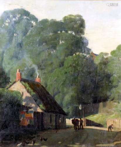 19th Century English school - Oil painting - Rural country scene with figures by cottages,