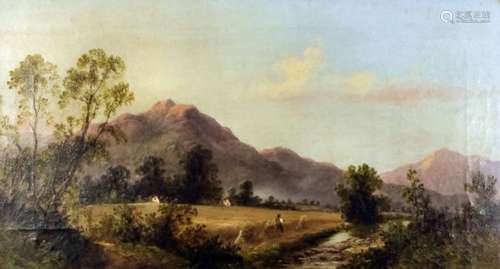 19th Century English School - Oil painting - River landscape with mountains to background, canvas