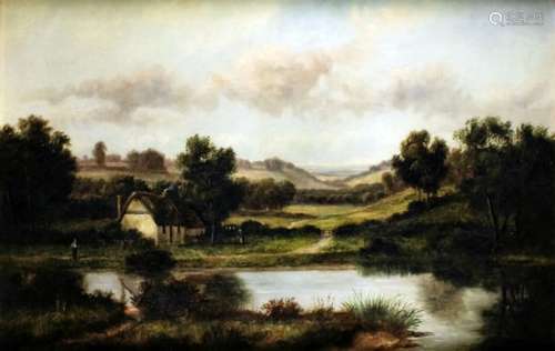 John Wallace (1841-1905) - Oil painting - Rural landscape with pond before a thatched cottage,