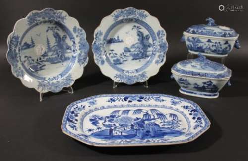 PAIR OF CHINESE BLUE AND WHITE SAUCER TUREENS, COVERS AND STANDS, late 18th century, painted with
