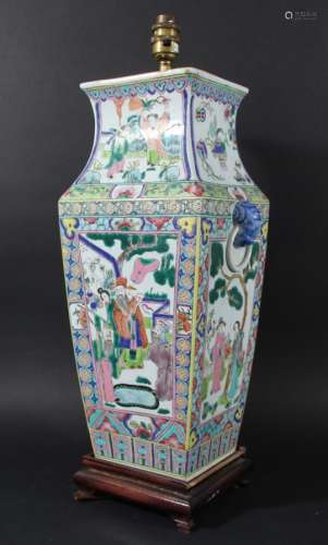 CHINESE FAMILLE ROSE VASE, of shouldered square section, enamelled with figural panels between