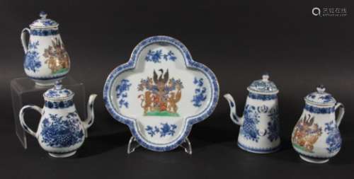 CHINESE EXPORT ARMORIAL CRUET SET, late 18th century, blue painted with flowering foliage either