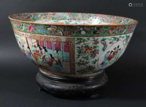 LARGE CHINESE CANTON STYLE PUNCH BOWL, 19th century, enamelled with figural and floral panels,