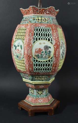 CHINESE FAMILLE VERTE RETICULATED VASE OR LAMP BASE, the hexagonal, ovoid body with foliate roundels