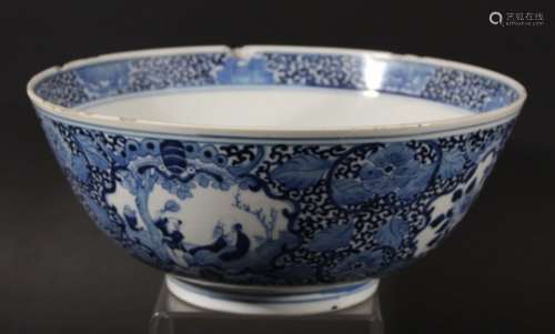 CHINESE BLUE AND WHITE LOTUS BOWL, the interior painted with a bird in a flowering prunus beneath