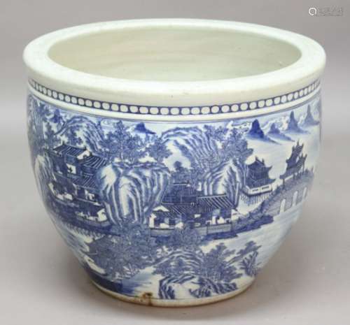 LARGE CHINESE BLUE AND WHITE FISH BOWL, 19th century, painted with a continuous scene of a large
