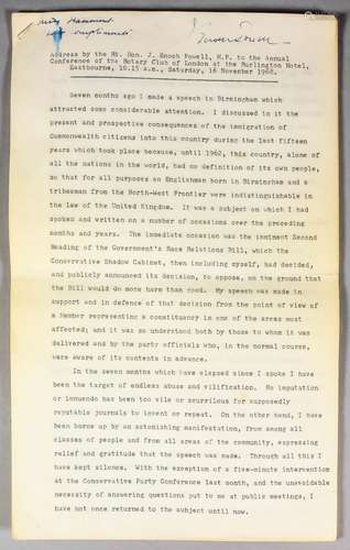 Enoch Powell (1912-1998) - A typed speech ( on sixteen pages ) titled 