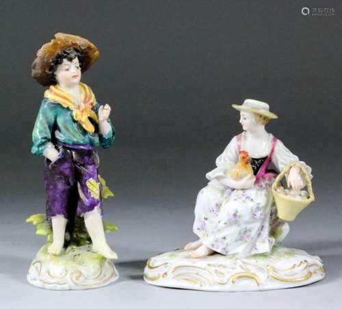 A 20th Century Meissen porcelain figure of a seated girl with chicken and basket of eggs, 3.75ins