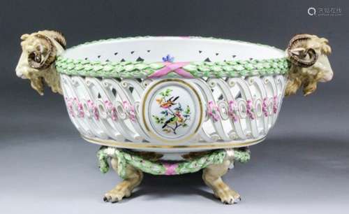 A 19th Century Meissen porcelain oval two-handled basket with pierced sides and acanthus leaf swag