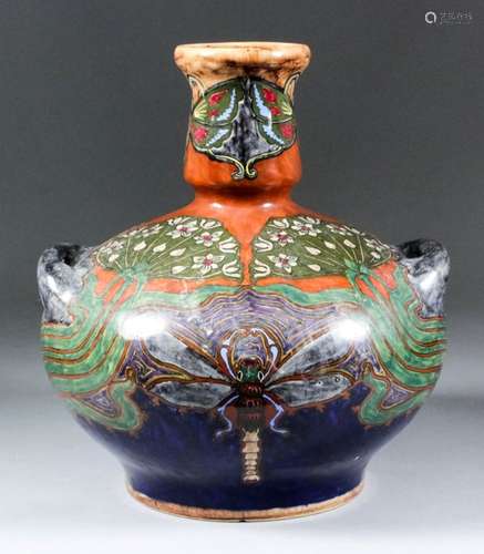 A late 19th/early 20th Century Rozenburg pottery two-handled bulbous vase decorated with