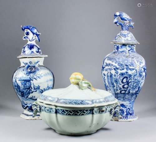 A small collection of European tin-glazed earthenware, including - an 18th Century Dutch blue and