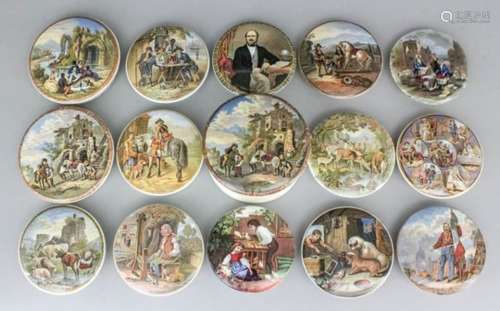 A collection of fifteen 19th Century coloured pot lids, including portrait of the late Prince