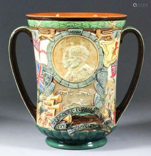 A Royal Doulton pottery two-handled loving cup commemorating the coronation of King George VI and