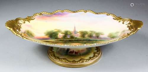 A Royal Worcester bone china dessert dish of shaped outline painted with 