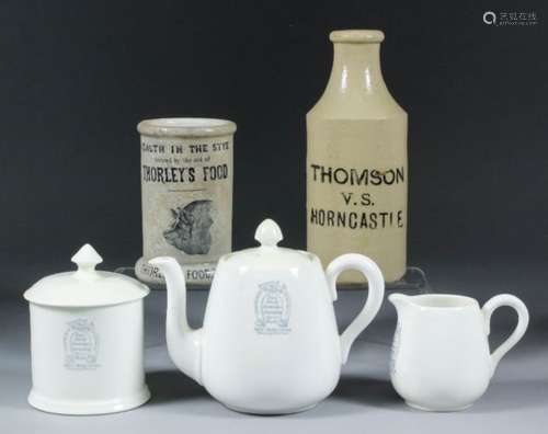 A Crown Staffordshire white glazed pottery three-piece bachelor's tea service, advertising 