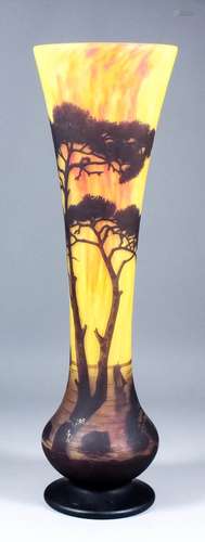 A 20th Century Daum cameo glass vase overlaid in mauve glass on a yellow/orange mottled glass