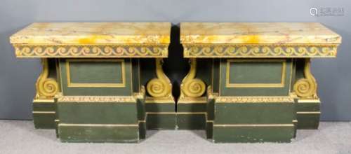 A pair of 20th Century green painted and gilt rectangular console tables in the manner of William