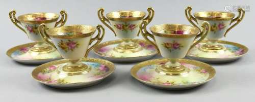 Gorgeous 5 Sets of Hand Painted Gold Gilt Tea Cups