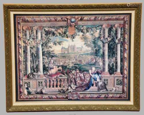 Large English Tapestry Print in Gold Gilt Frame