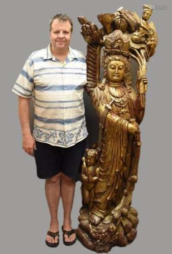 Large Hand Carved Chinese Quan Yin painted wood statue