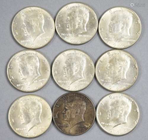 Lot of 9 1964 Silver Kennedy Half Dollars