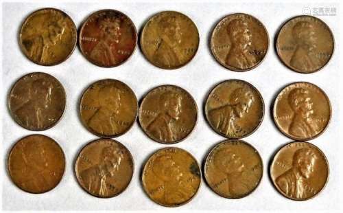 Lot of 15 assorted date Wheat Pennies