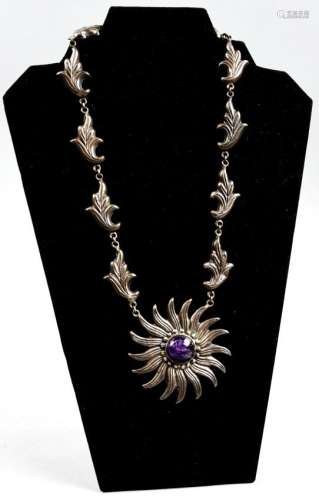 c1940 Mexican Silver Sunflower Necklace, Amethyst