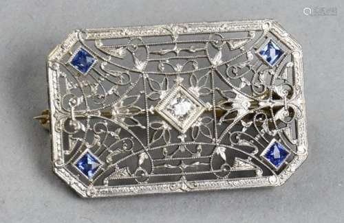 Beautiful Art Deco 14k Diamond Sapphire Brooch