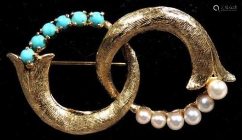 Vintage 14K Yellow Gold, Turquoise & Pearl Brooch