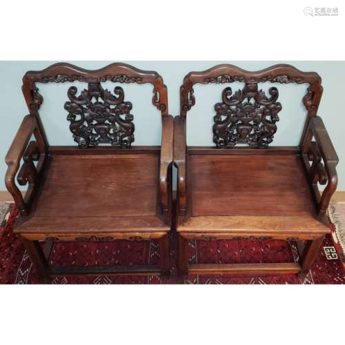 Pr Of Chinese Rosewood Hardwood Chairs 19th Century