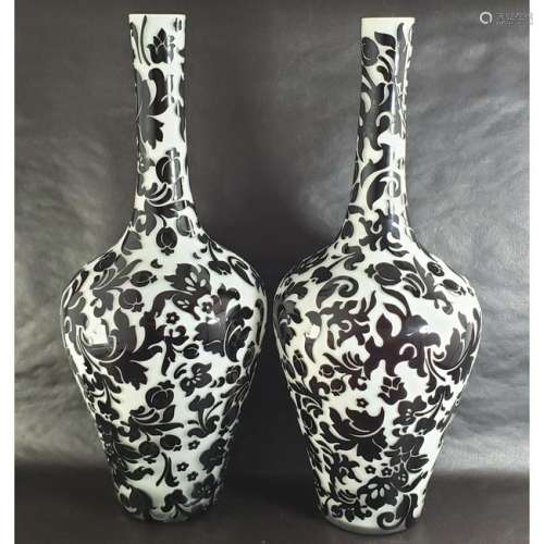 Pr Of Sandblasted Cased Art Glass Cameo Vase
