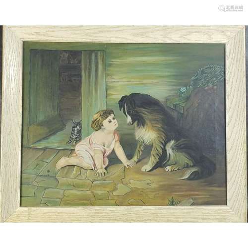 Vintage O/C Interior  Painting Dog Cat And Little Girl