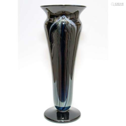 Black Iridescent Pulled Feather Art Glass Trumpet Vase