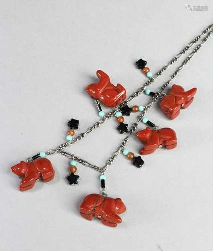 A 925 Silver Necklace with Carved Bear Ornaments