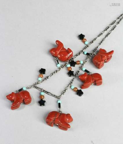 A 925 Silver Necklace with Carved Bear Ornaments