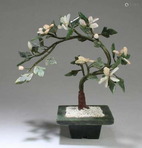 Chinese Jade Stone Carved Bonsai Tree with Jade Quartz