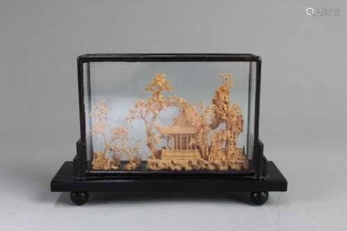 Chinese Fujian Cork Carving in Black Lacquer Frame