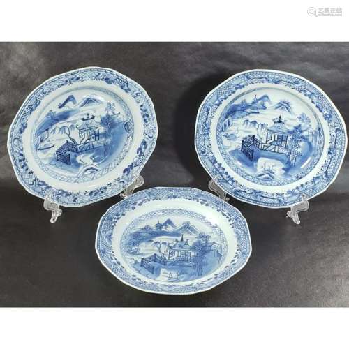 Lot Of 3  Chinese blue and white plates 18-19 c
