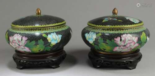A Pair of Chinese Cloisonne Round Containers with Stand
