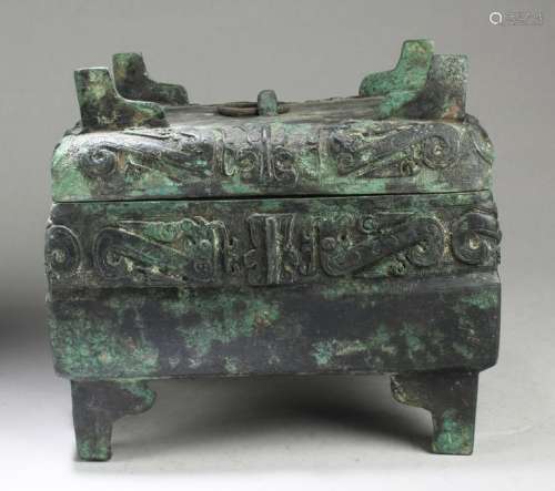 A Rectangular Shaped Bronze Censer with Cover