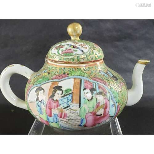 Chinese Rose Mandarin Tea Pot 19th C with Figures