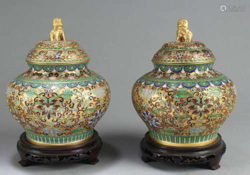 A Pair of Chinese Cloisonne Round Container with Stand