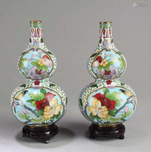 A Pair of Chinese Cloisonne Gourd Shaped Vases with