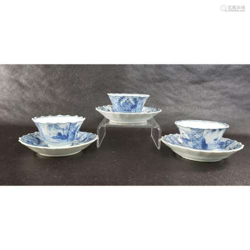 3 Chinese Porcelain Blue & White Cups / Saucers 17-18 c