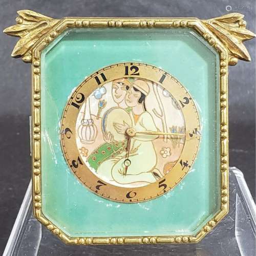 Antique Bronze Geneve Travel Clock Painted Face