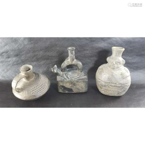 3  Pre Columbian Chimu Peruvian Pottery Vessels