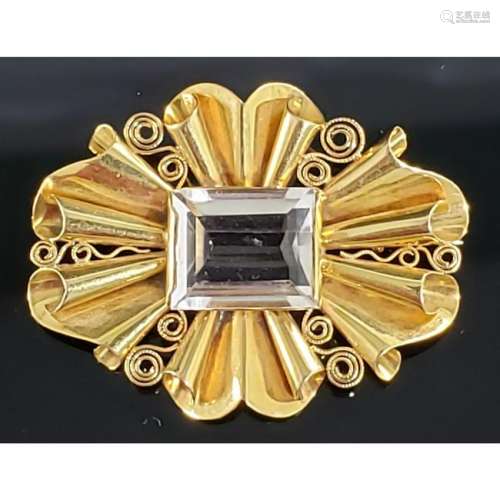 18k Yellow Gold Brooch Lg Kunsite Emerald Cut Gem 3G